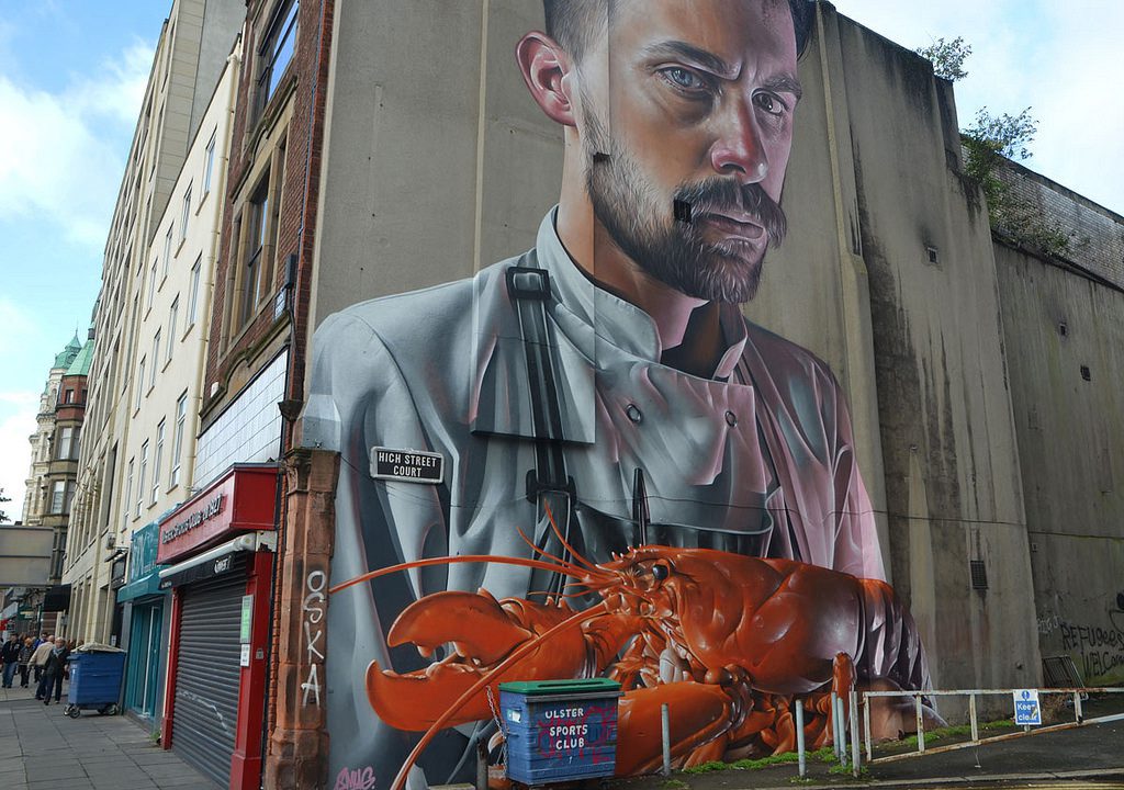 Chef with lobster street art, Beflast