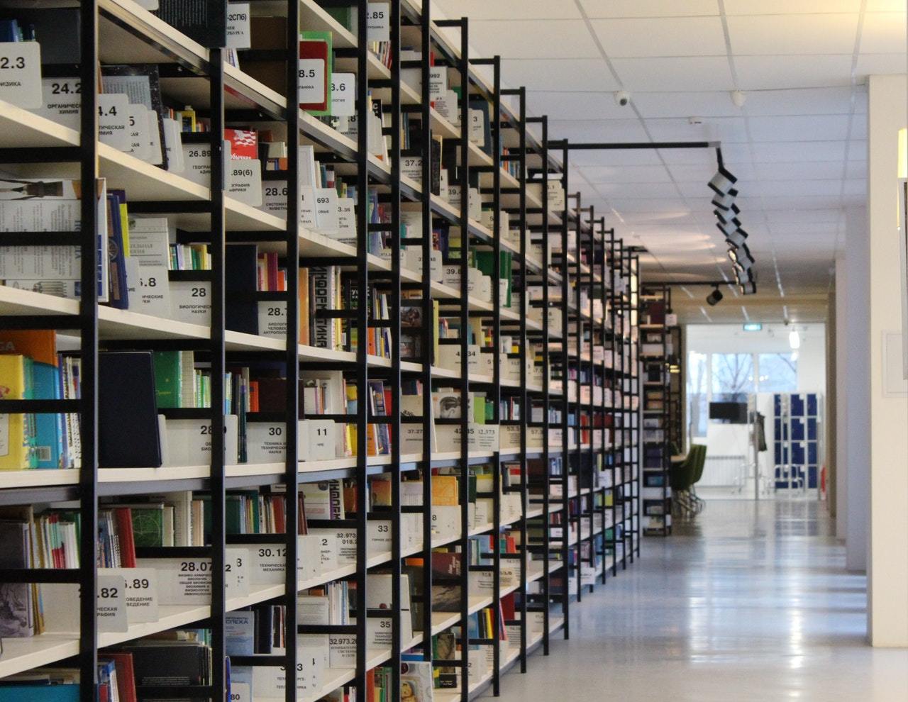 Stacks of books on library shelves