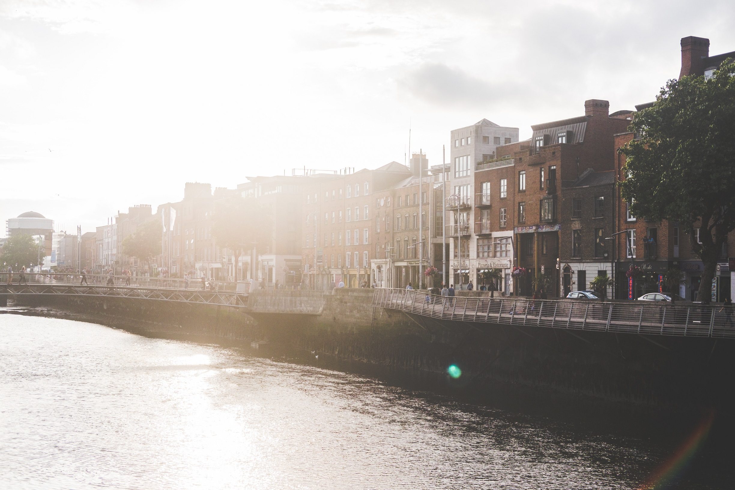 Sunlit view of Dublin city quays