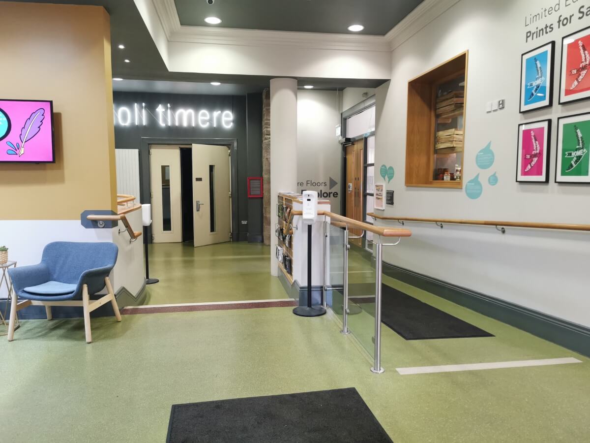 Steps and slopes leading to the lift and stairs