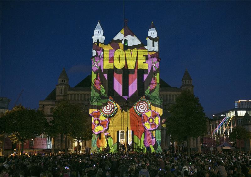 St Annes Cathedral Belfast lit up with projected artwork on Culture Night